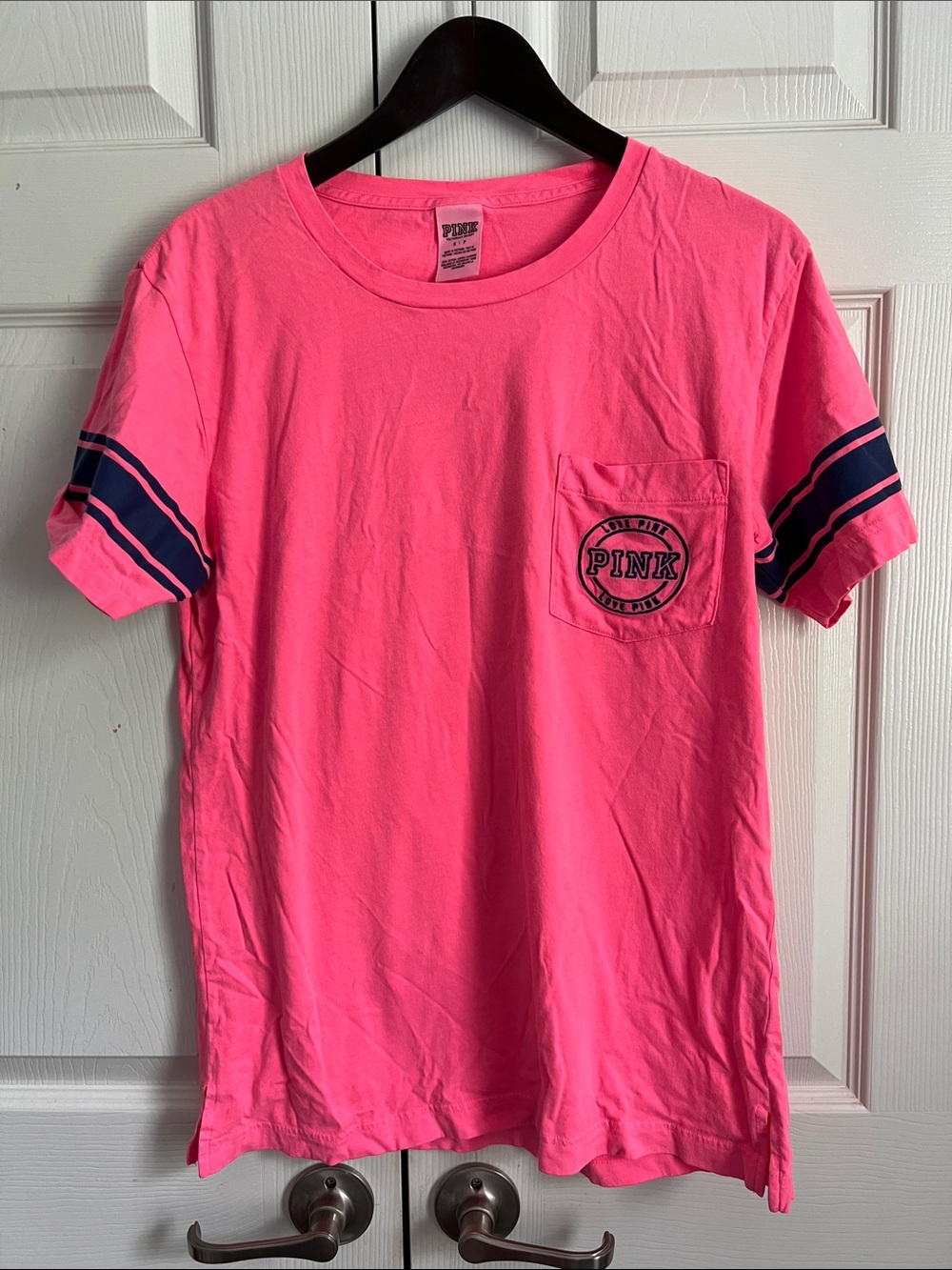 PINK Victoria's Secret Neon Pink Pocket Tee with Navy Striped Sleeves - Kids